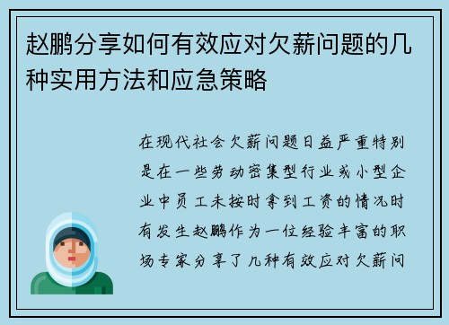 赵鹏分享如何有效应对欠薪问题的几种实用方法和应急策略