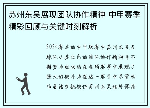 苏州东吴展现团队协作精神 中甲赛季精彩回顾与关键时刻解析